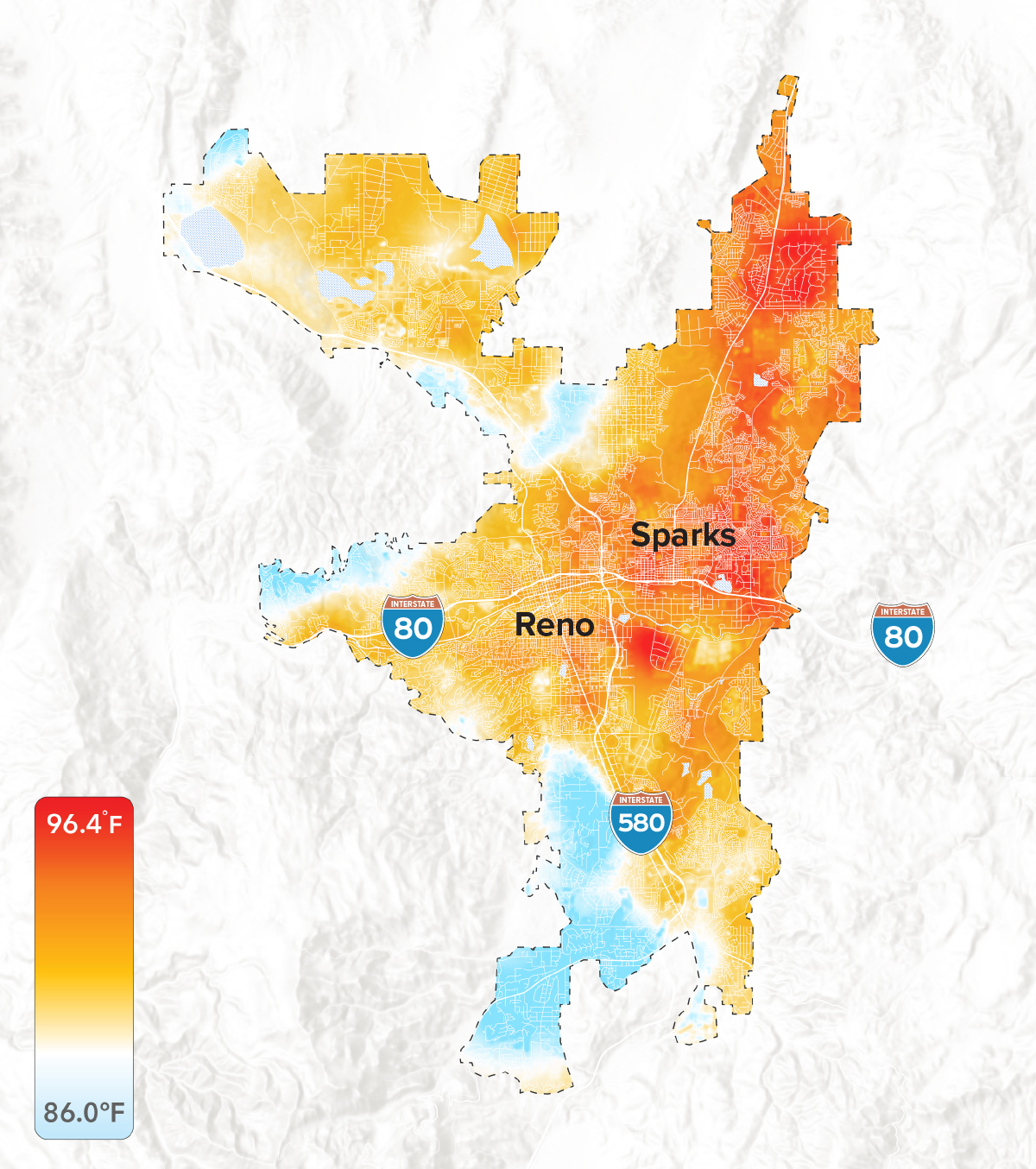 Zonas de calor de Reno El mapa muestra las temperaturas relativas superpuestas en un mapa geográfico de la zona metropolitana de Reno-Sparks y sus alrededores. Los extremos se muestran por colores: los puntos rojos indican temperaturas de hasta 96,4 grados F; los azules, 86 grados F.